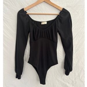 Altard State Bodysuit XS Black Ribbed Long Sleeve Ruched Sweetheart Neckline